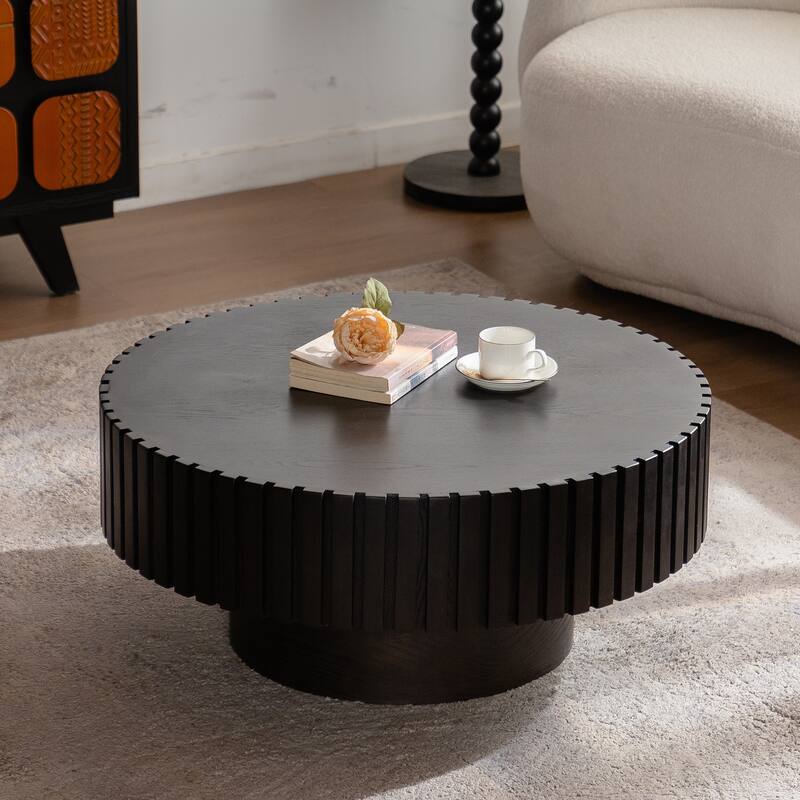 Olive-Shaped Round Wooden Coffee Table - Handcrafted Relief for Living Room