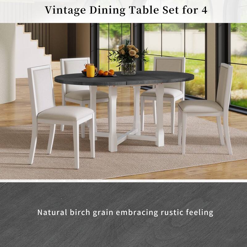5-Piece Extendable Dining Table Set for 4, Round Dining Table for 4 with Upholstered Chairs,Removable Leaf
