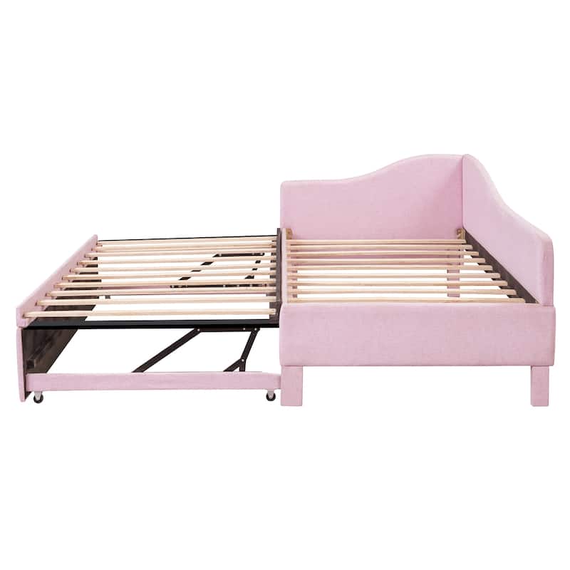 L-Shaped Daybed Twin To King Upholstered Daybed with Pop Up Trundle Linen & Wood Bed Frame for for Youth Teens or Adults