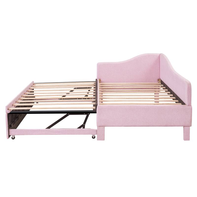 Roomfitters Twin Size Upholstered L-Shaped Daybed with Pop Up Trundle, Space Saving Fabric Sofa Bed Frame with Slats