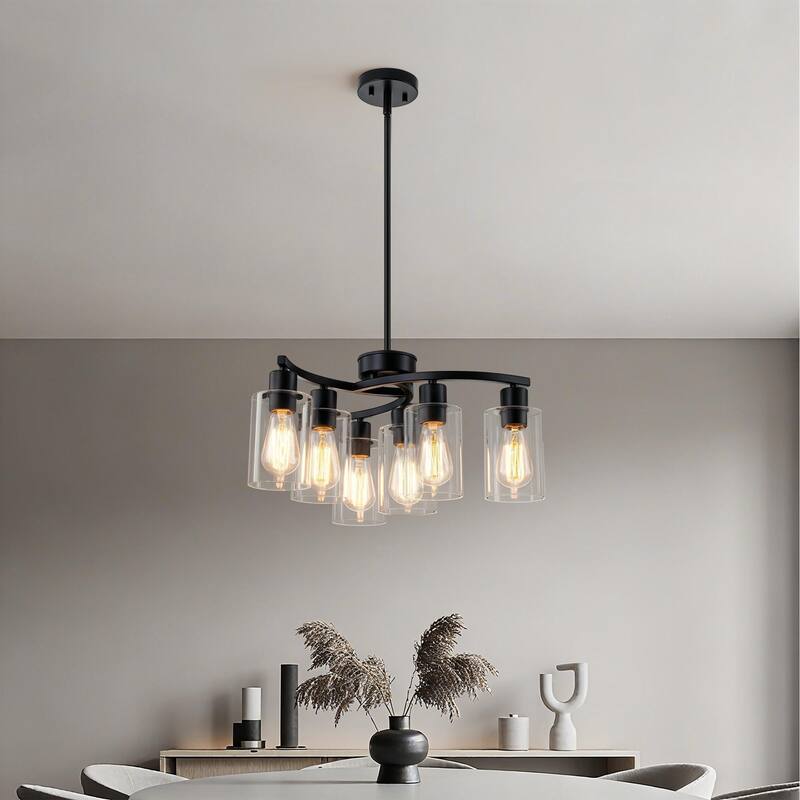 Modern Farmhouse 6-Light Chandeliers for Dining Room Light Fixture over Table with Clear Glass Shade - Black