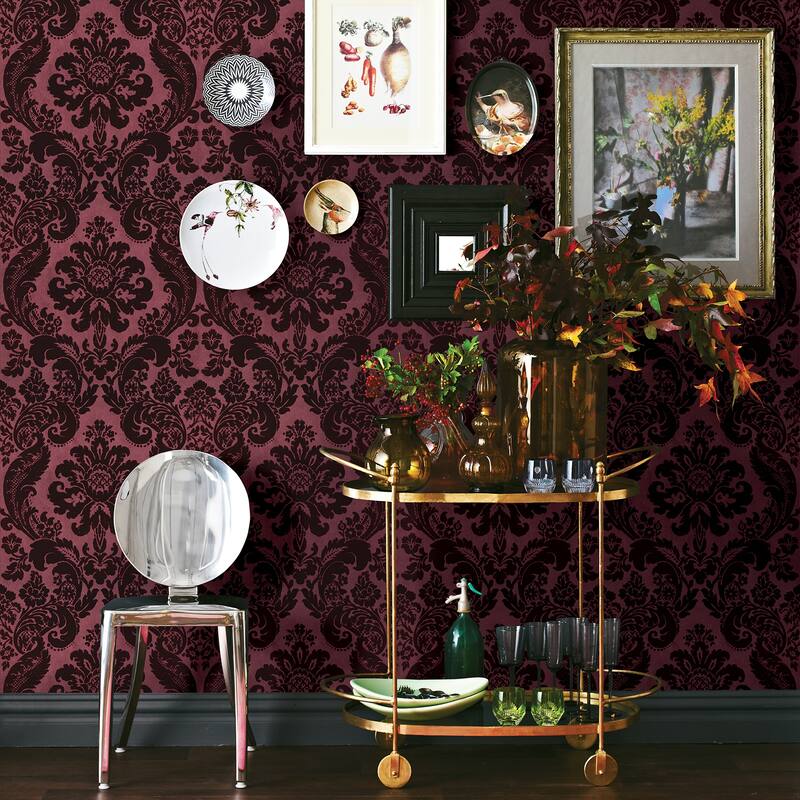 A-Street Prints Shadow Merlot Flocked Damask Wallpaper