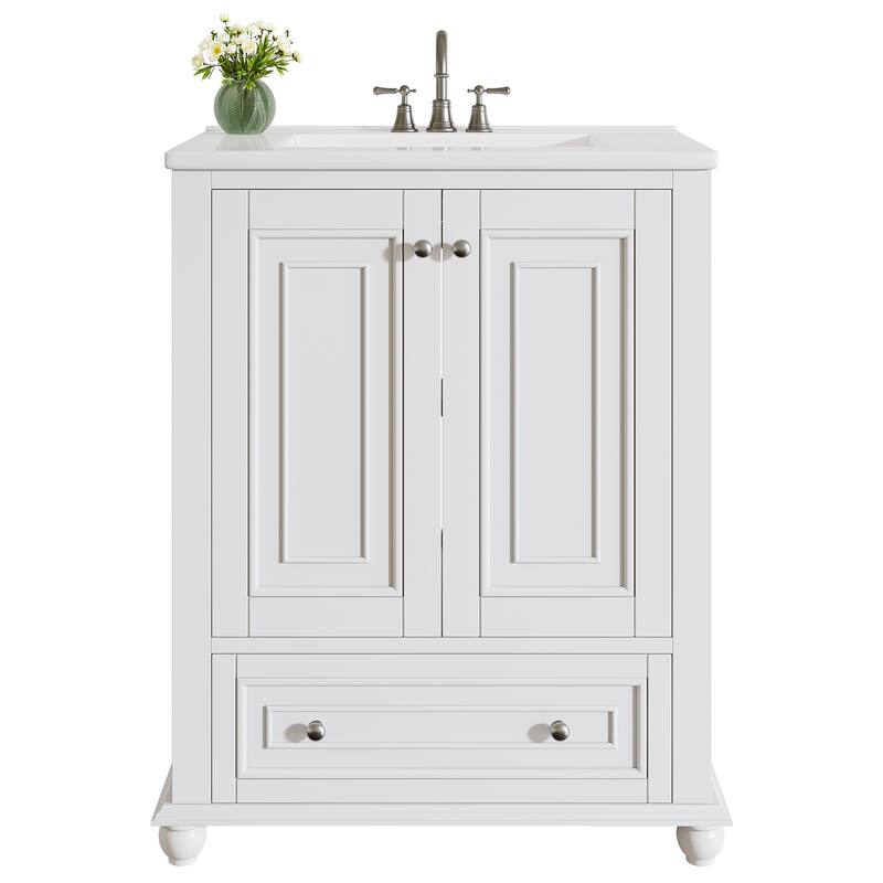 24 Inches Solid Wood Modern Bathroom Vanity with Ceramic Sink, Adjustable Shelf Storage