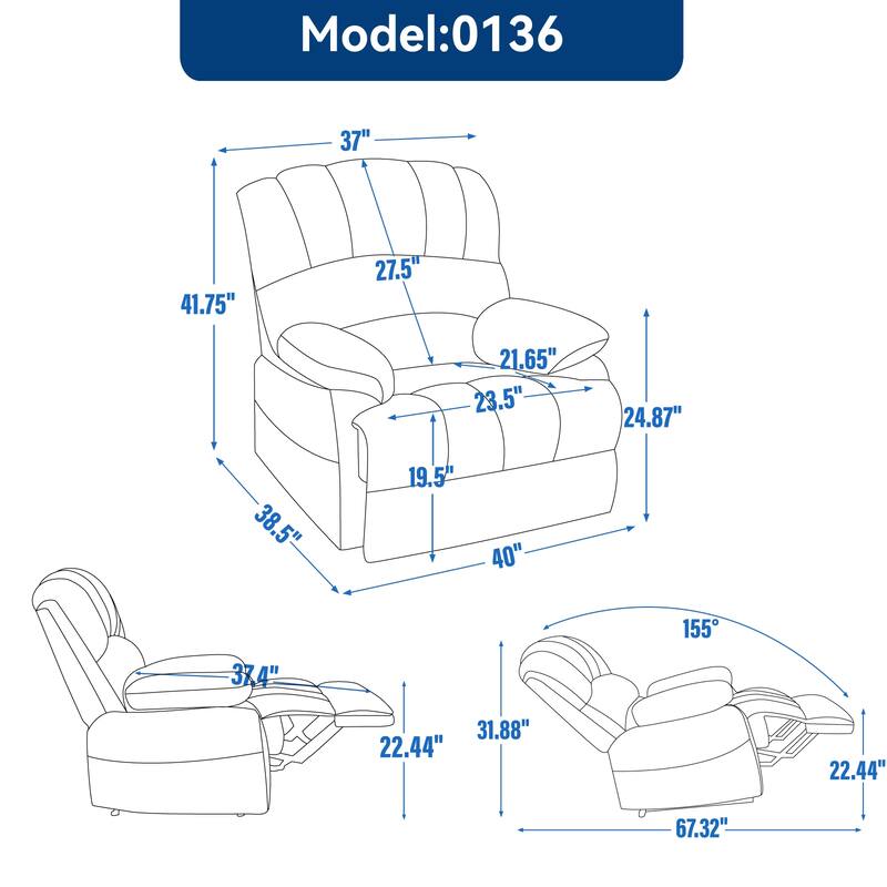 Brown Extra-Large Manual Recliner with 155° Recline Angle and Comfortable Fabric Upholstery