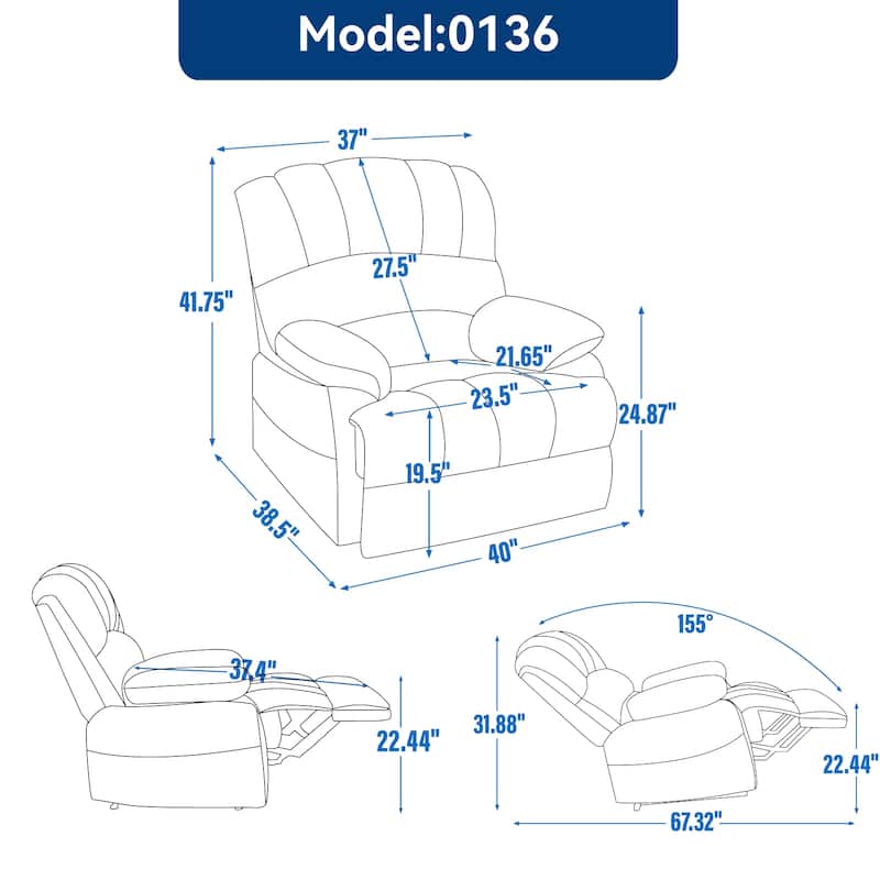 Oversized Manual Fabric Recliner Chair, 155° Recline