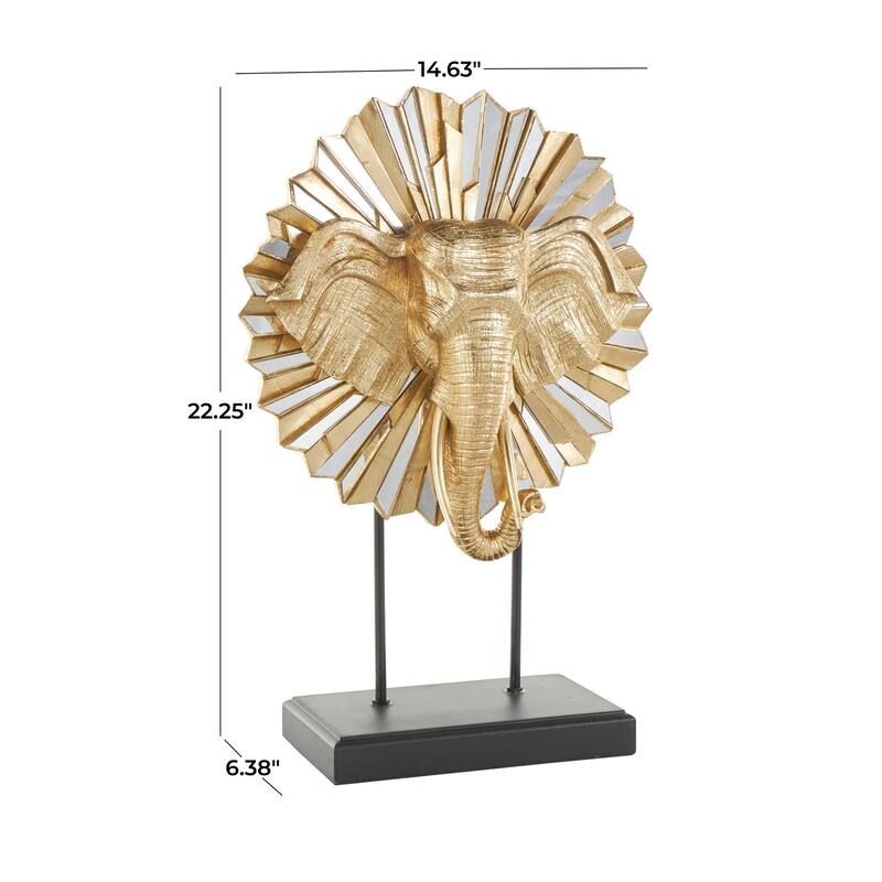 Gold Resin Elephant Decorative Sculpture with Mirrored Sunburst Accent and Black Stand