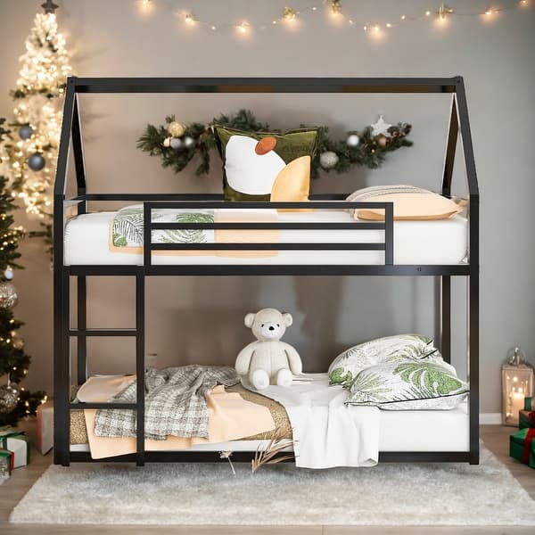slide 2 of 10, Stylish & Timeless Design Twin over Twin House Bunk Bed with Built-in Ladder, Sturdy Construction & Safety Guaranteed, Black Black