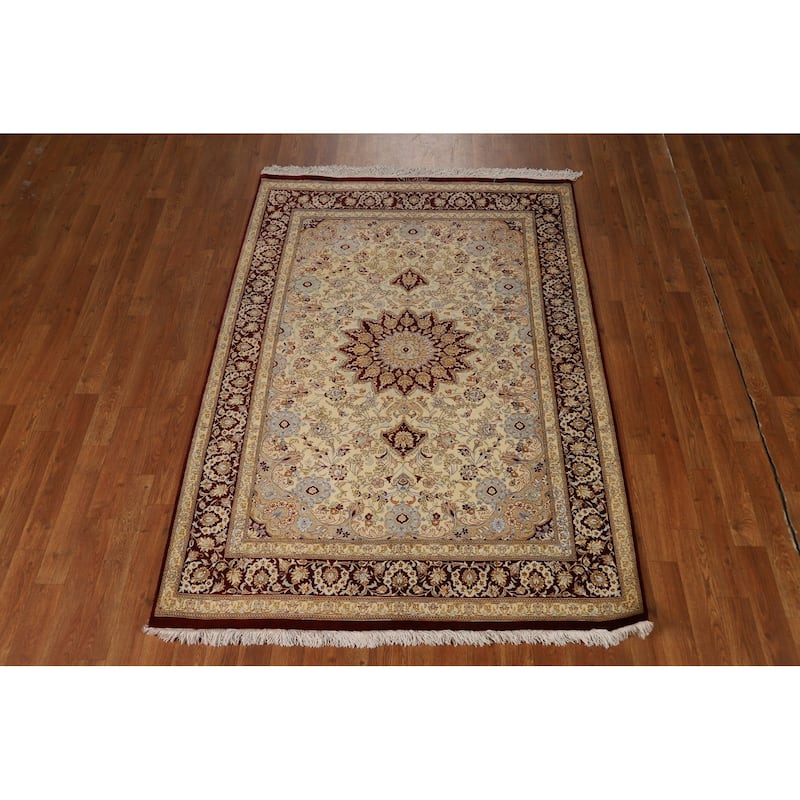 Handmade 100% Silk Qum Persian Accent Rug Traditional Beige Carpet - 4'4"x 6'3"