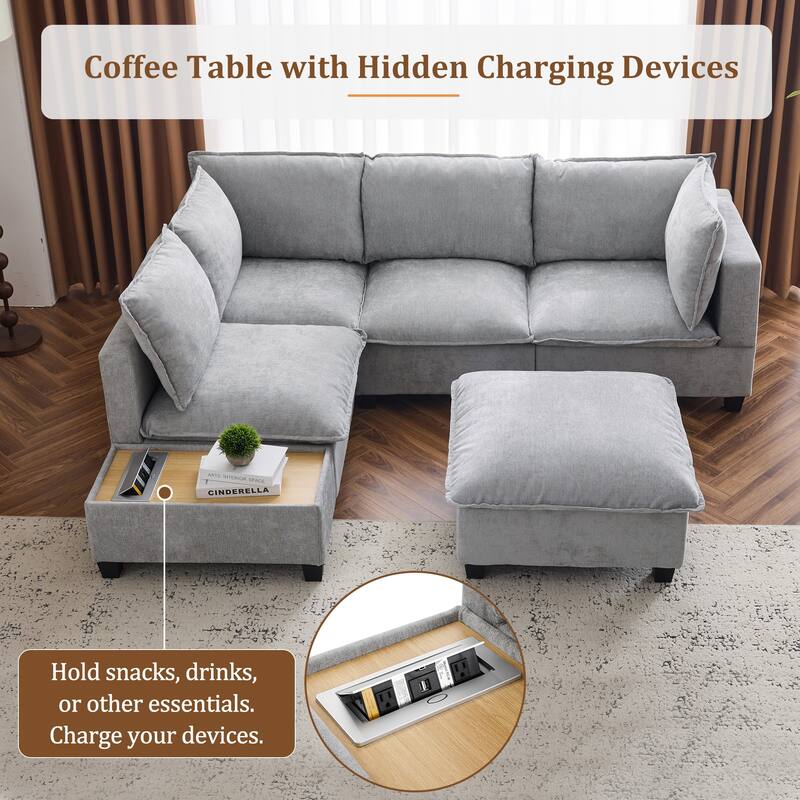 Modern Sectional Sofa with Hidden Charging Coffee Table and Movable Ottoman and Chenille Upholstery for Living Rooms