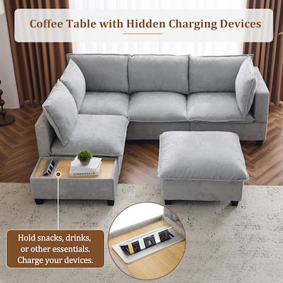 U-Shaped Chenille Sectional Sofa Set Modular Couch w/ Coffee Table