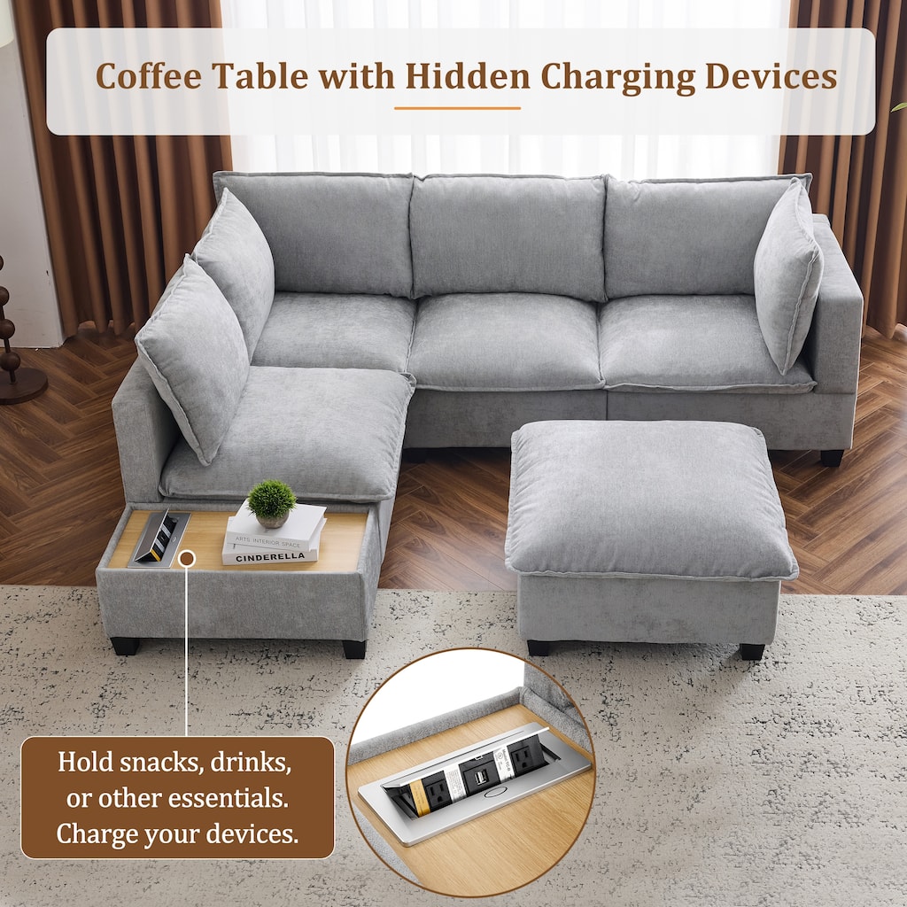 U-Shaped Chenille Sectional Sofa Set Modular Couch w/ Coffee Table