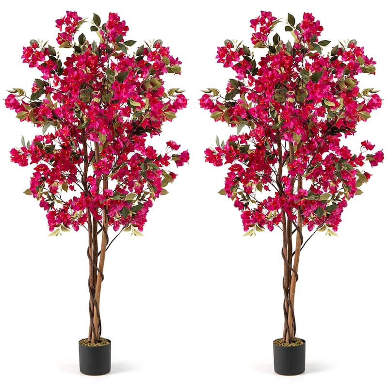 Gymax 6 FT Artificial Bougainvillea Tree Set of 2 Tall Faux Pre-potted - Rose Red, Green, Black