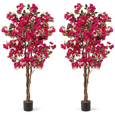 Gymax 6 FT Artificial Bougainvillea Tree Set of 2 Tall Faux Pre-potted