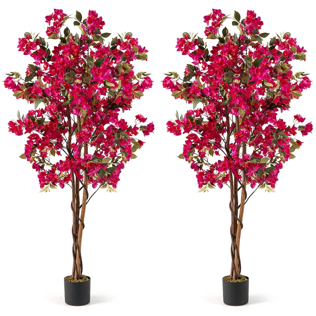 Gymax 6 FT Artificial Bougainvillea Tree Set of 2 Tall Faux Pre-potted