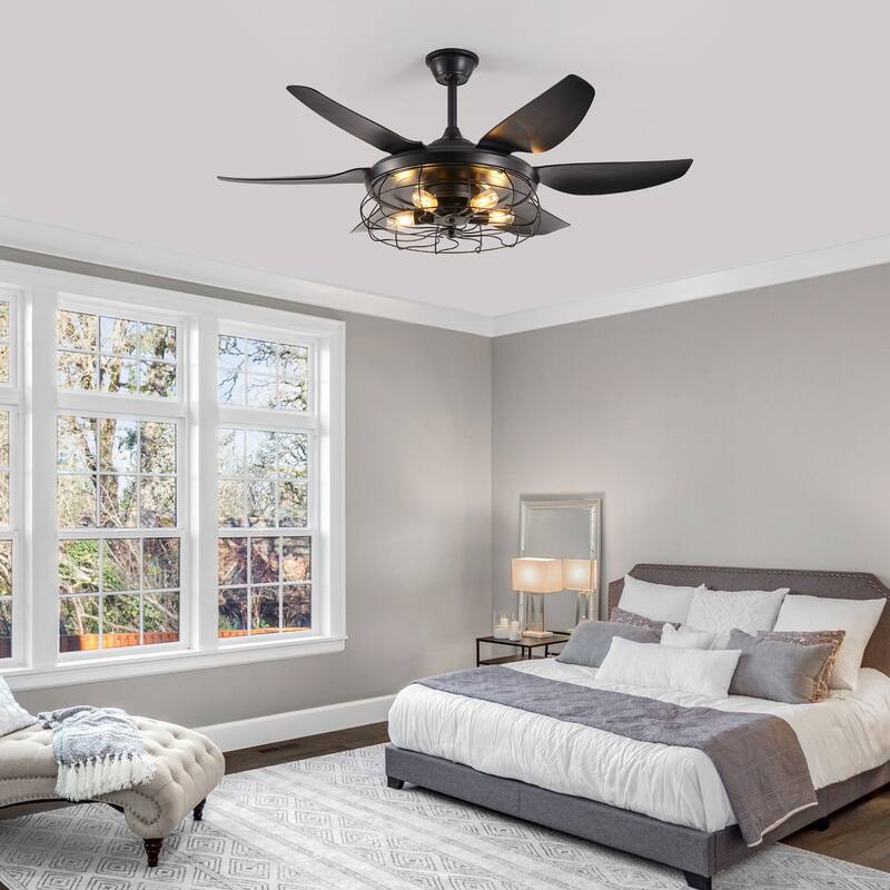 52" Modern Ceiling Fan with Light, 6 Fan Blades and Industrial Cage Design, Adjustable Speed for Living Room, Bedroom - Black