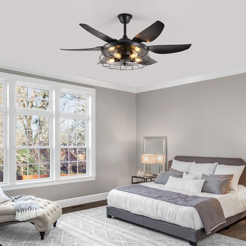 6-Speed Reversible Ceiling Fan for Bedroom Living Dining Room, 52" Industrial Cage Ceiling Fan with Light, Bulb Not Included
