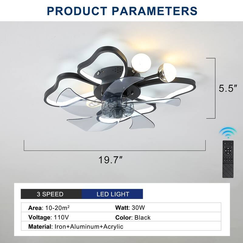20" Modern Matte Black Butterfly Design Timing Silent Ceiling Fan with Dimmable LED and Remote