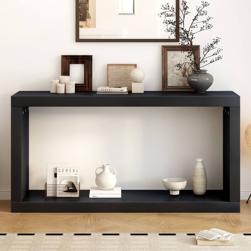 Modern Entrance Table, Rectangular Hallway Tables with Open Storage Shelf Console Tables Accent Table for Living Room - Black