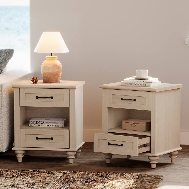 Farmhouse Nightstand Bedside Table, Wood 2-Drawer Side Table