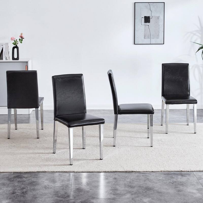 Modern Minimalist Dining Chair, PU Backrest Chair with Ergonomic Design and Silver Metal Legs, for Dining Room, 4-Piece Set