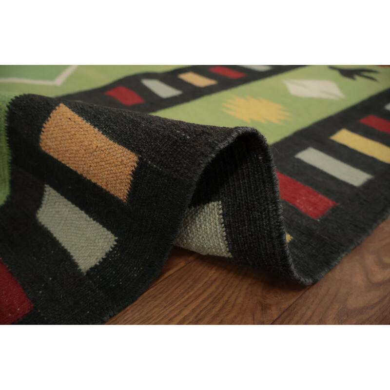 Hand Woven Oriental 100% Wool Carpet Southwestern Tribal Green Kilim Area Rug - 13' 4'' X 8' 5''
