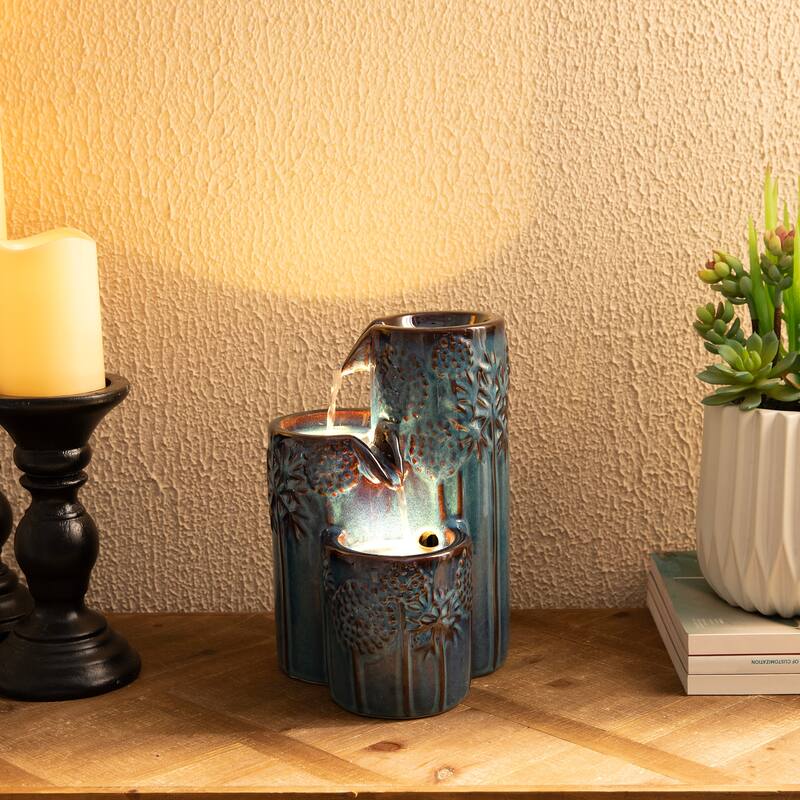 Glitzhome 10"H 3-Tier Turquoise Ceramic Tabletop Fountain with Pump and LED Light