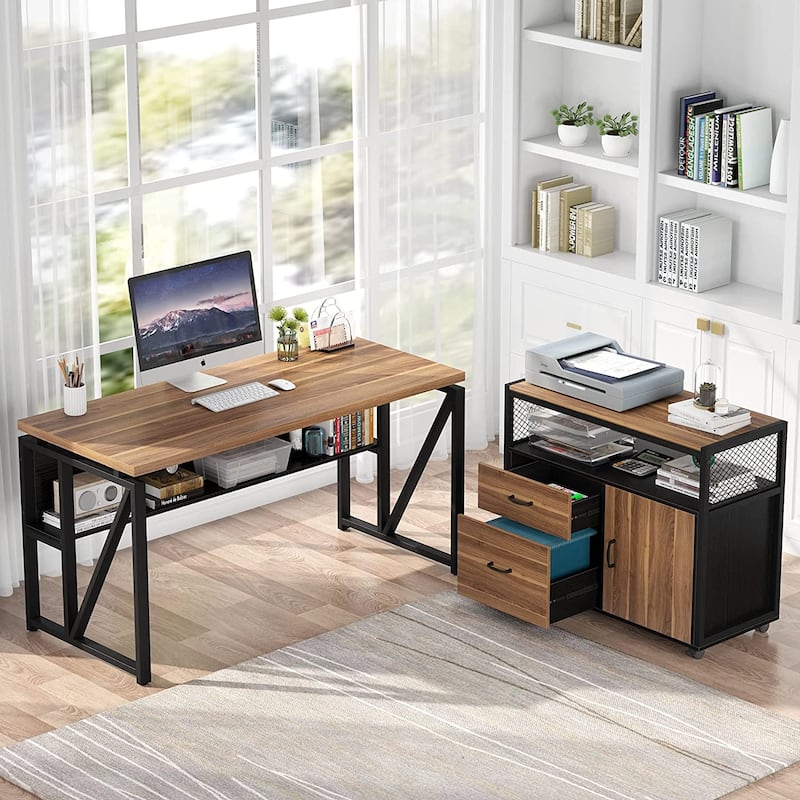 L Shaped Desk with Drawer, Executive Desk and lateral File Cabinet, 2 Piece Home Office Furniture - 55 inches - brwon&black
