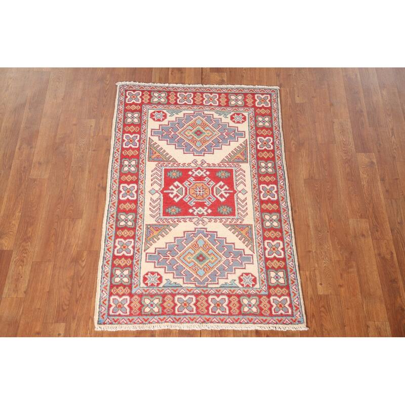 Ivory & Red Geometric Kazak Oriental Accent Rug Handmade Wool Carpet - 2'7" x 4'1"