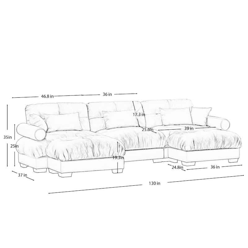 U-Shaped Velvet Sectional Sofa Set with Ottoman, 130" 3-Seater Modular Sofa withRound Armrests, Modern Upholstered Couch