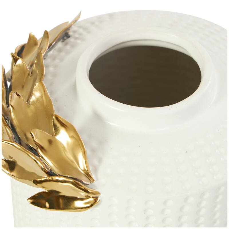 Ceramic Leaf Decorative Jars with Abstract Spotted Pattern and Gold Accents - Set of 2 White - Roche River Decor