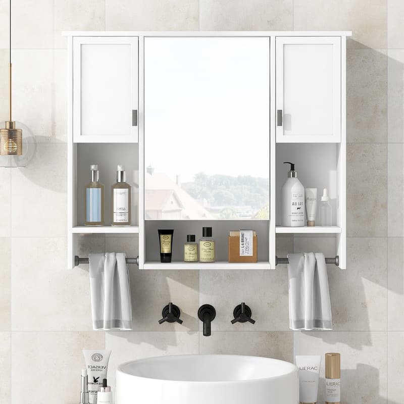 Wall Mounted Bathroom Storage Cabinet with Mirror, Towels Bar