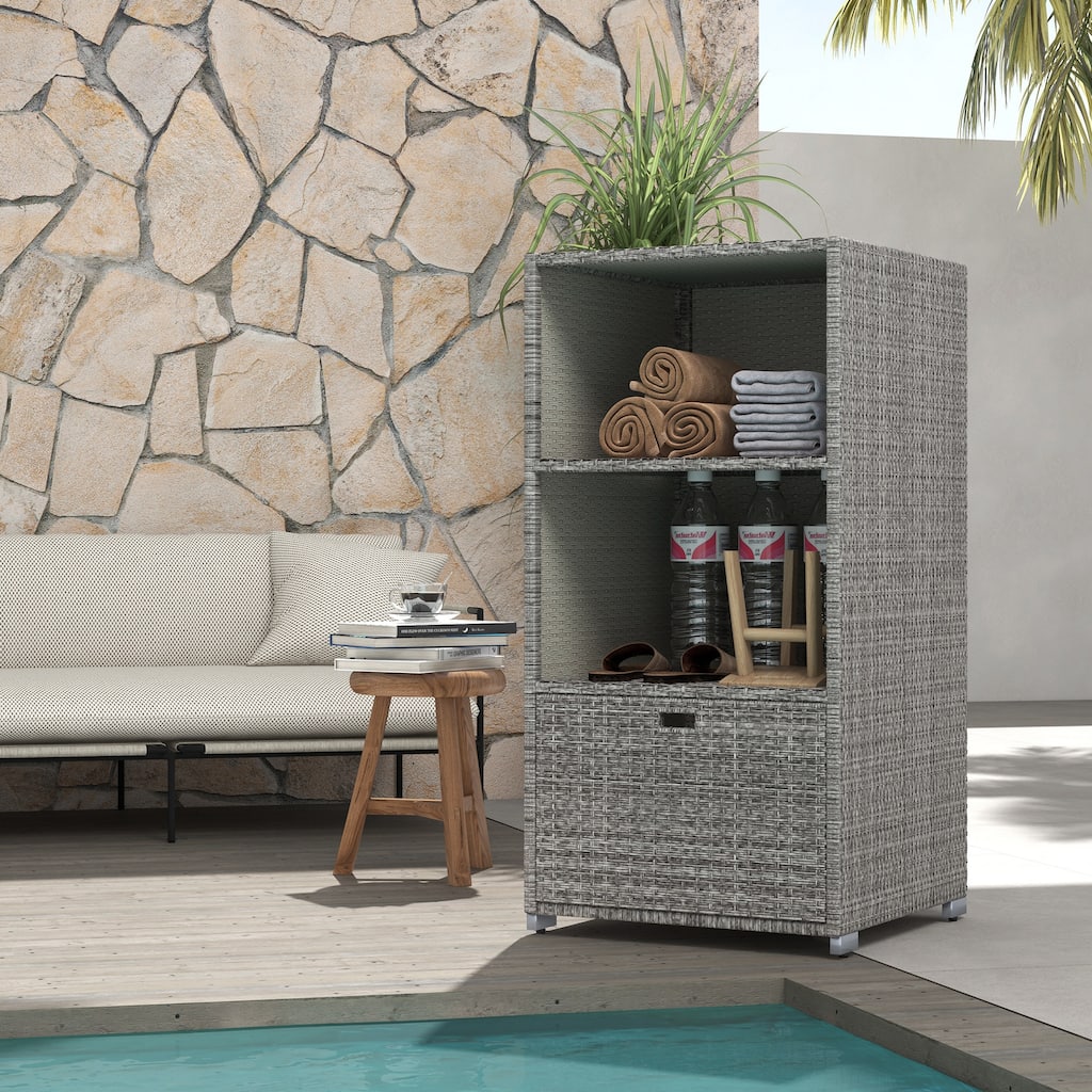 Outsunny Valet Pool Towel Rack, Waterproof PE plastic Rattan Wicker, Indoor Outdoor Spa, and Hot Tub Accessory Storage