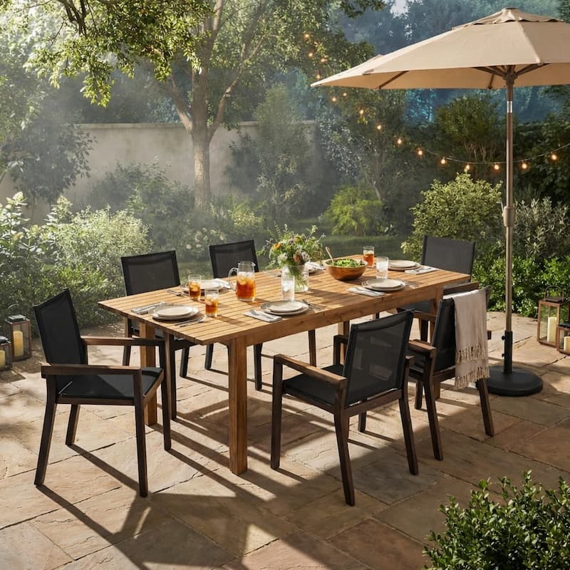 Christopher Knight Home - Farmhouse 7-Piece Extendable Acacia Wood Outdoor Dining Set with Slatted Table and Mesh Chairs - Teak + Black + Grey