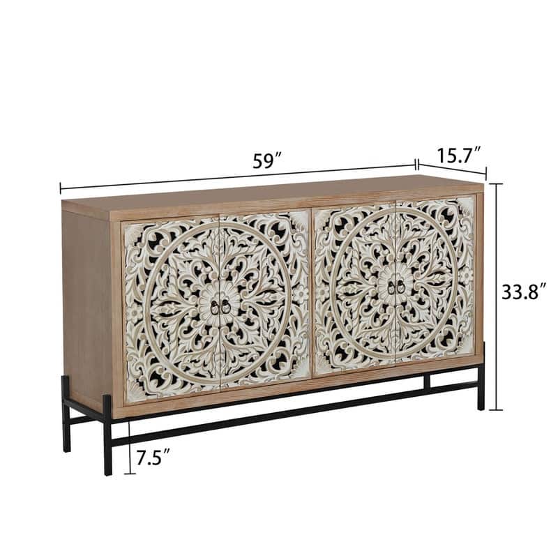 Elegant Storage Sideboard Cabinet with Carved Wood 4-Door for Living Room or Dining Area