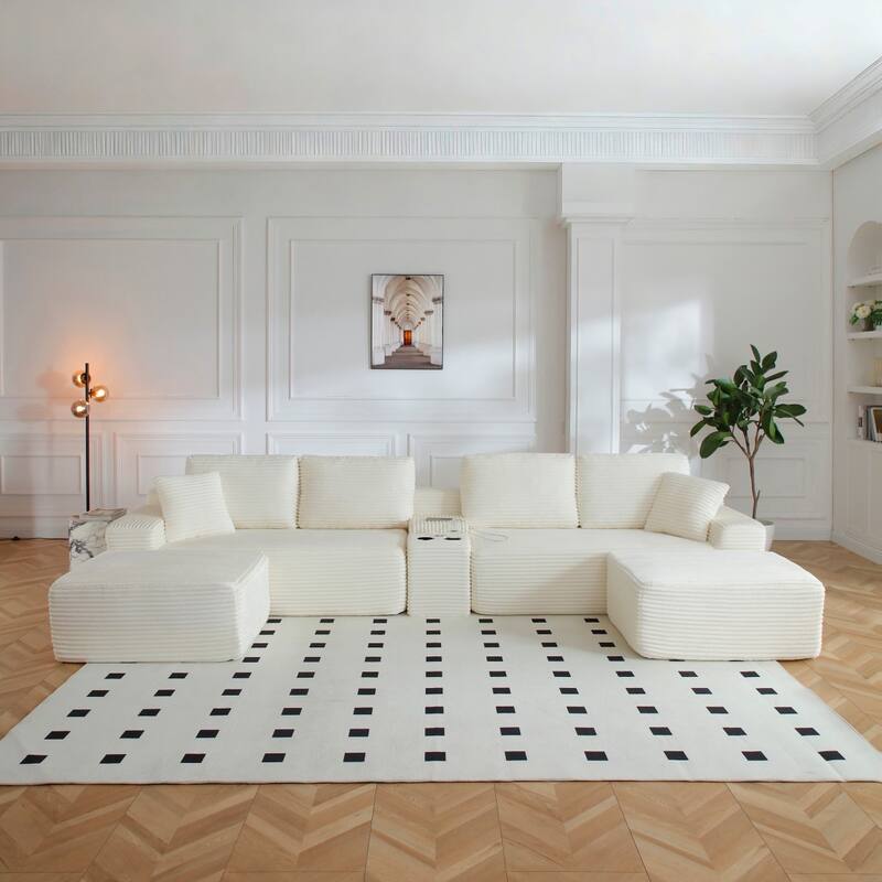 125'' U-Shaped Corduroy Sectional Sofa with Cup Holders, USB Ports and 2 Ottomans