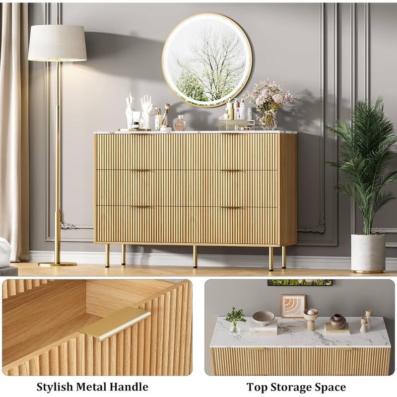 Fluted 6 Drawer Dresser for Bedroom, Large Chest with Gold Handle, Modern Wood Organizer for Living Room or Hallway