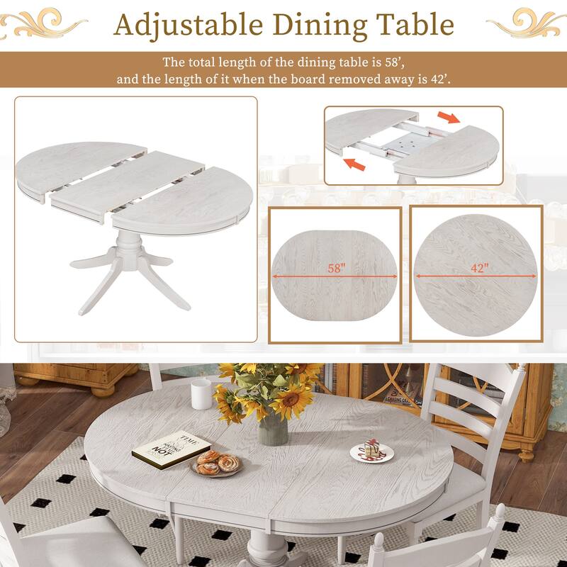 Retro 5-Piece Extendable Round Dining Table Set with Pedestal Base and Upholstered Ladder-Back Chairs for Elegant Dining Spaces