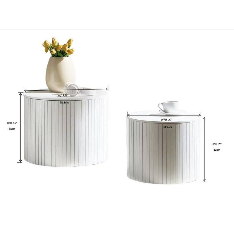 Set of 2 Round Nesting Tables, Vertical Stripe Coffee Table Sets with Hidden Storage and Disassembled Tabletop