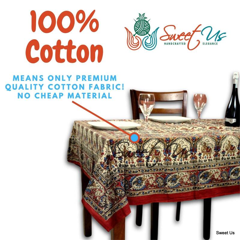 Block Print Floral Paisley Elephant Tablecloth Rectangle - 88 x 102 in - Gold Red