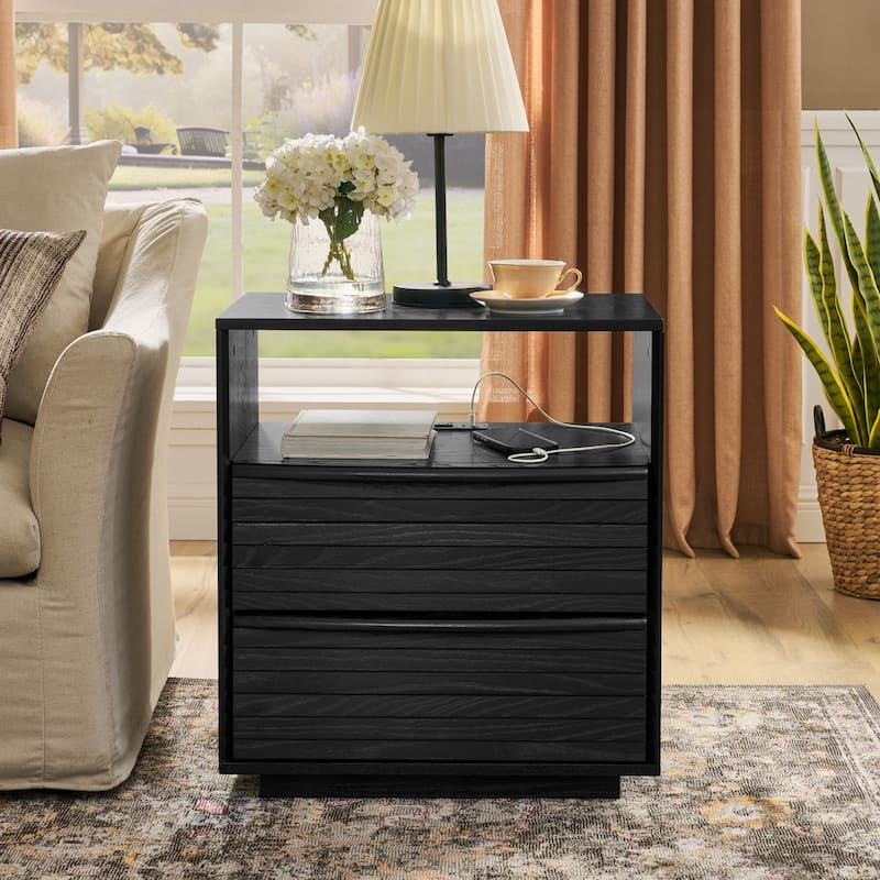 Mid-Century Modern Nightstand with Charging Station,Outlet Hole and 2 Solid Wood Drawers