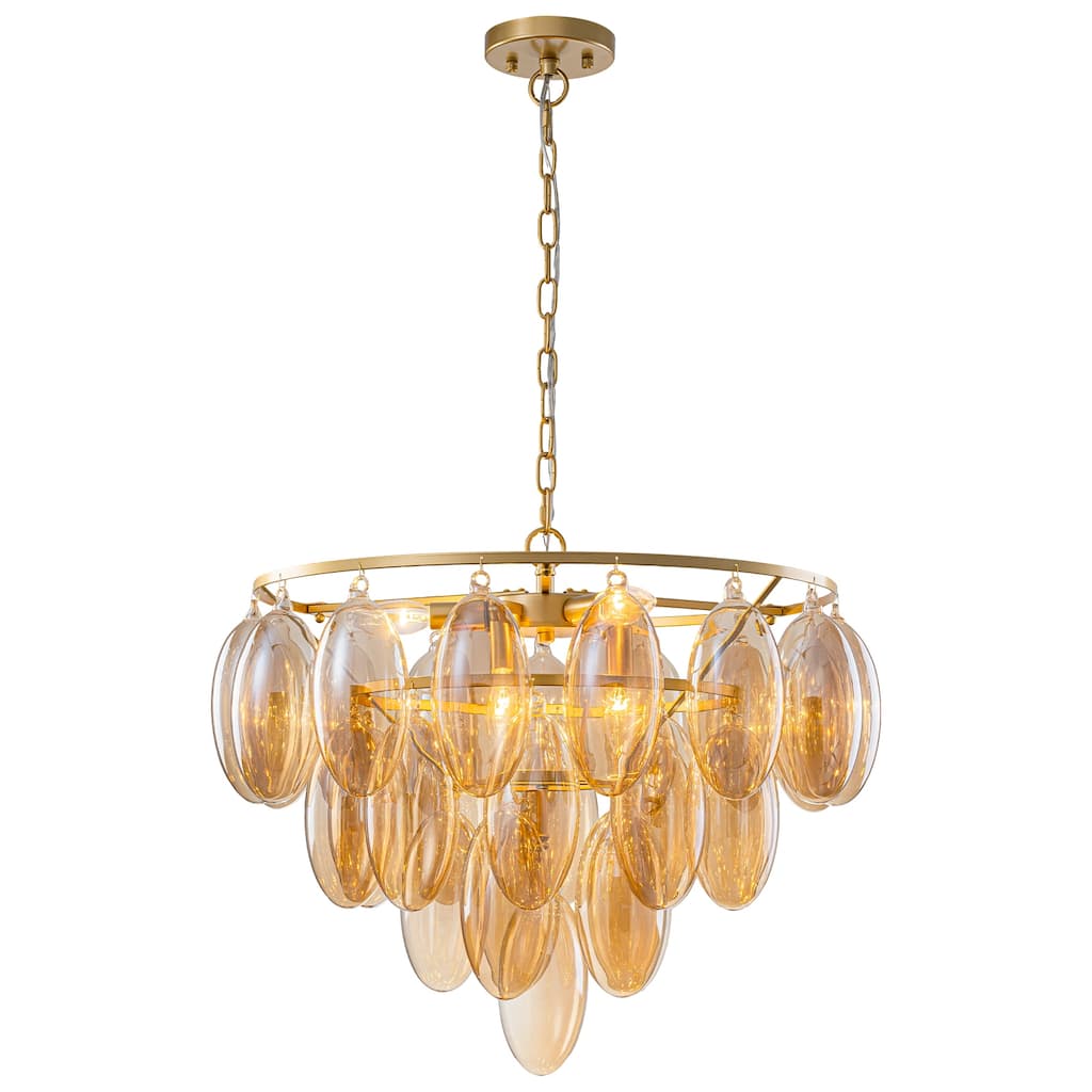 6-Light Metal Circle Chandelier Teardrop Amber Glass Glam Cascading - Dia.23.62-in