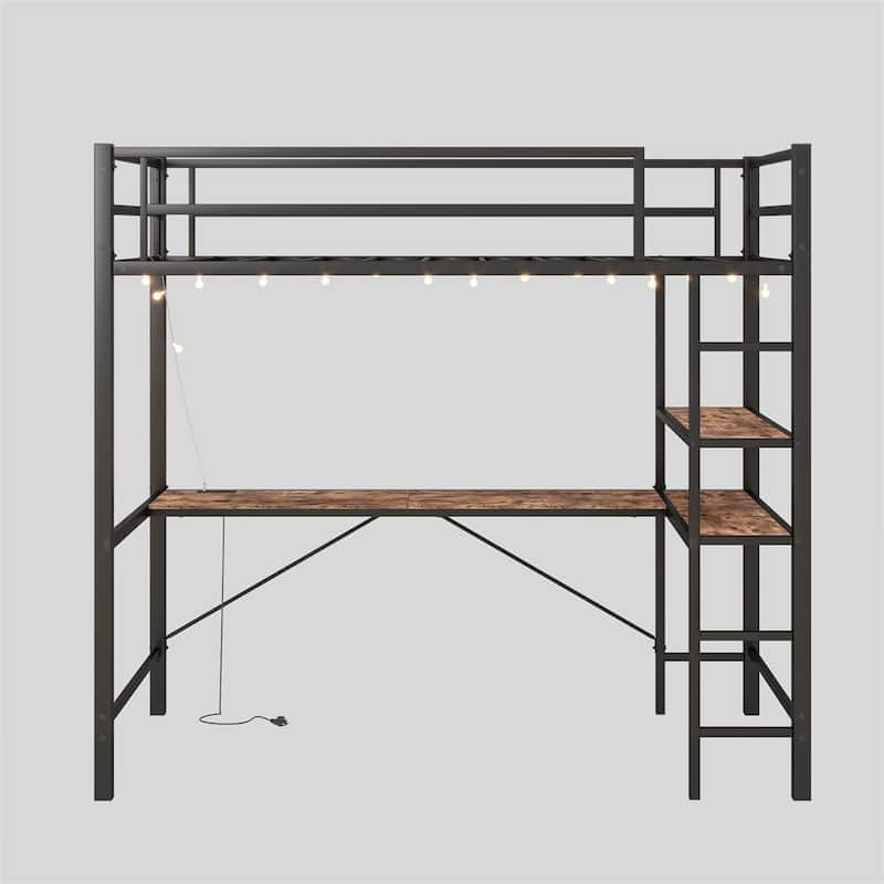 Twin Size Loft Bed with L Shaped Desk and Shelves,Charging Station