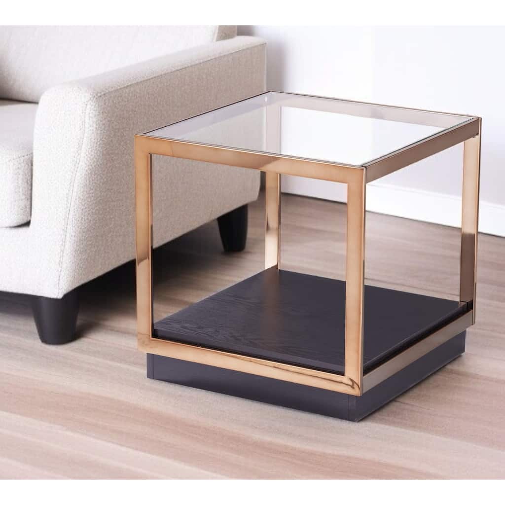 HomeRoots 22" Champagne Glass And Iron Square Block End Table With Shelf - 22x22x22