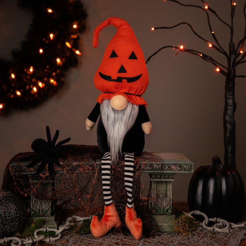 22" Orange and Black Halloween Gnome with Striped Dangling Legs - 19.75"