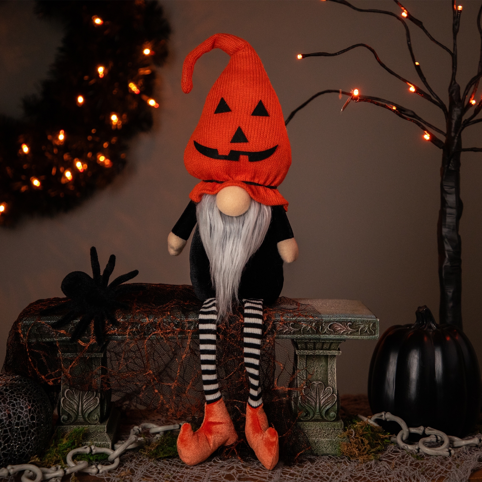 22" Orange and Black Halloween Gnome with Striped Dangling Legs - 19.75"