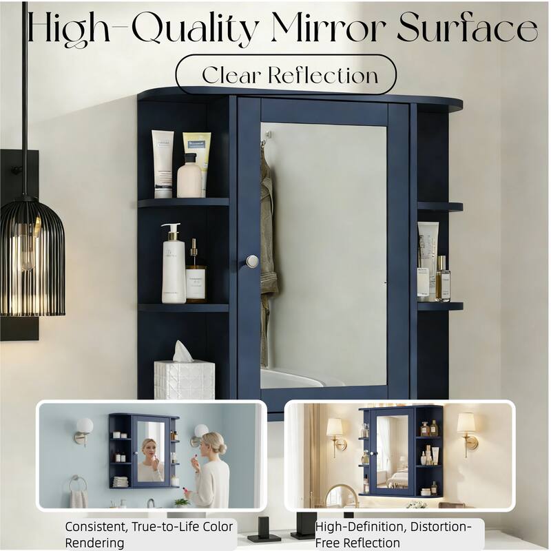 Bathroom Wall Storage Cabinet with Mirror, with Adjustable Wood Shelf & Doors, Mounted Storage Cabinets with 6 Open Shelves