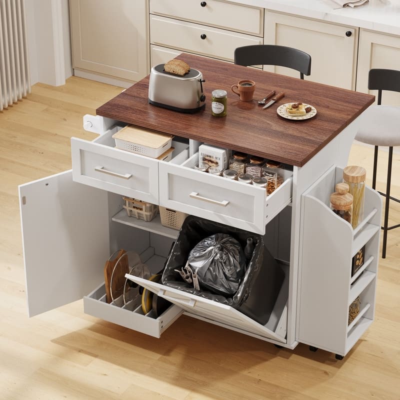 Kitchen Island with Drop Leaf, Removable Side Racks, Rolling Kitchen Cart with Towel Rack - White