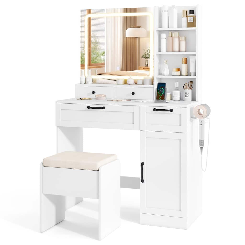 Gymax Vanity Set w/Cushioned Stool Makeup Table w/Adjustable Lighting