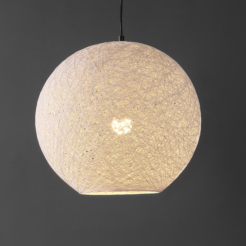 Louisa 1-Light Bohemian Minimalist Iron/Rope Woven Globe LED Pendant, White/Black by JONATHAN Y