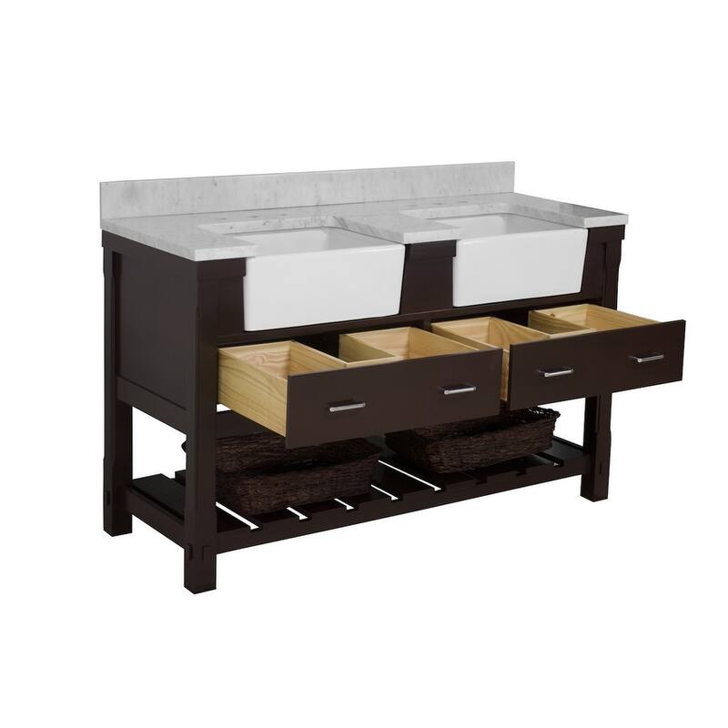 KitchenBathCollection Charlotte 60" Double Farmhouse Vanity with Carrara Marble Top